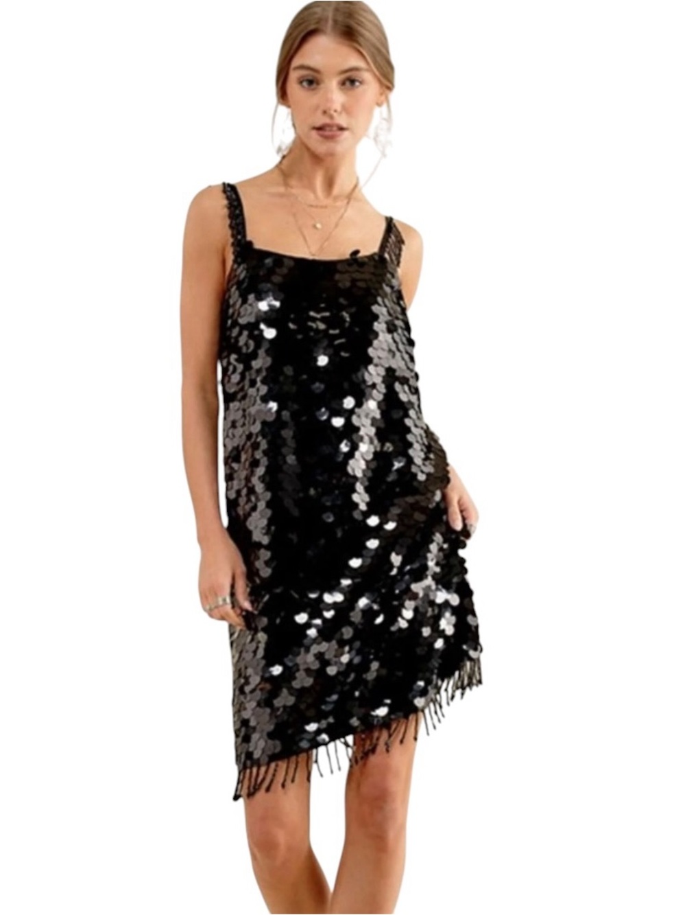 NEW blue b Black Allover Paillette Sequin Beaded Fringe Sparkly Shift Mini Dress